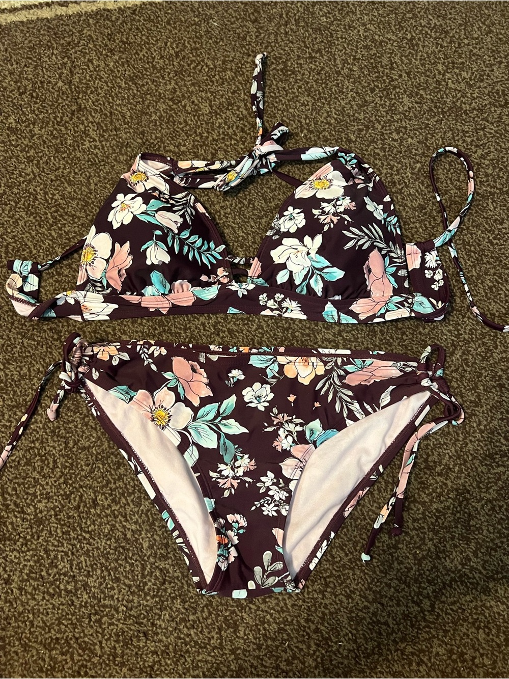 Kona Sol Floral Tie-Strap Bikini Set in Plum with Pastel Flowers Target brand